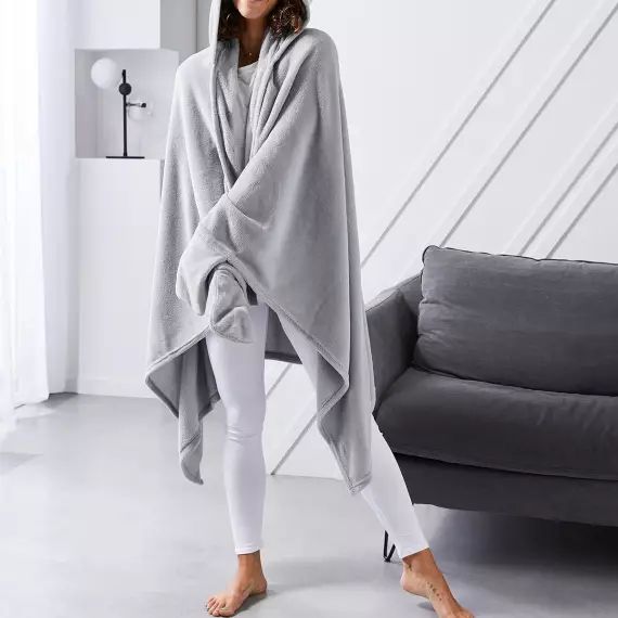 Plaid à capuche uni en polyester gris 165×115