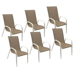 Lot de 6 chaises en textilène taupe et aluminium blanc