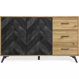 Buffet 2 portes 3 tiroirs effet bois noir à chevrons et naturel 136 cm