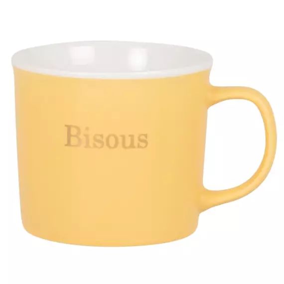 Mug en porcelaine jaune et blanche avec inscription dorée