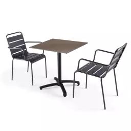 Ensemble table de jardin stratifié taupe et 2 fauteuils gris