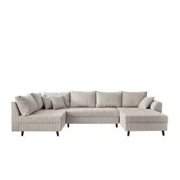 Canapé d’angle gauche 7 places en velours côtelé gris clair