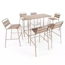 Ensemble table haute de jardin et 6 chaises en métal taupe