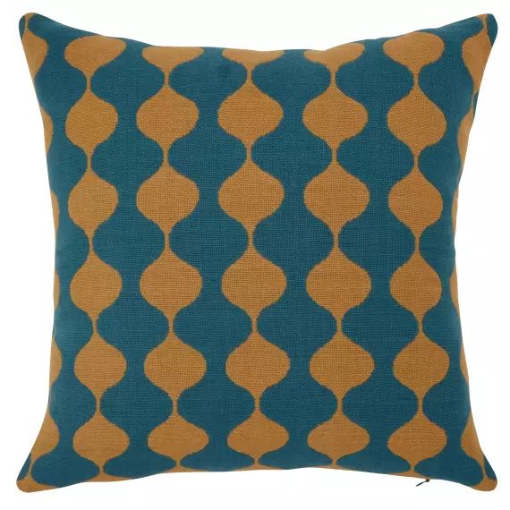 Housse de coussin en coton tissé motifs graphiques camel et bleus 40×40