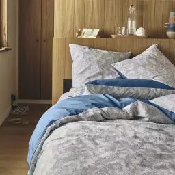 Parure de lit imprimée en coton blanc et bleu 200×200