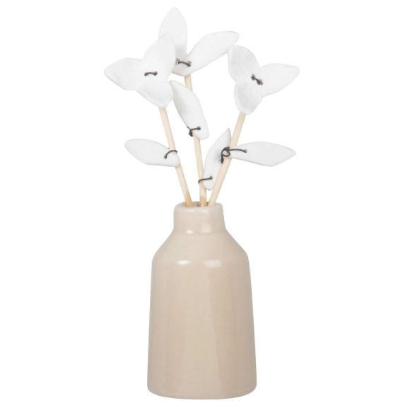 Déco vase en porcelaine beige et fleurs blanches H19