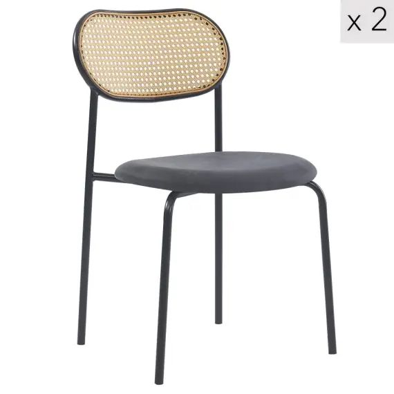 Lot de 2 chaises en métal et cannage avec assise en simili noir