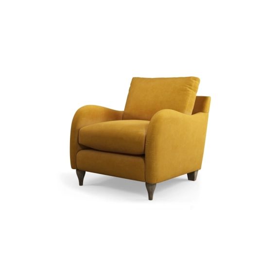 Sofia, fauteuil, velours recyclé jaune moutarde et pieds en bois clair