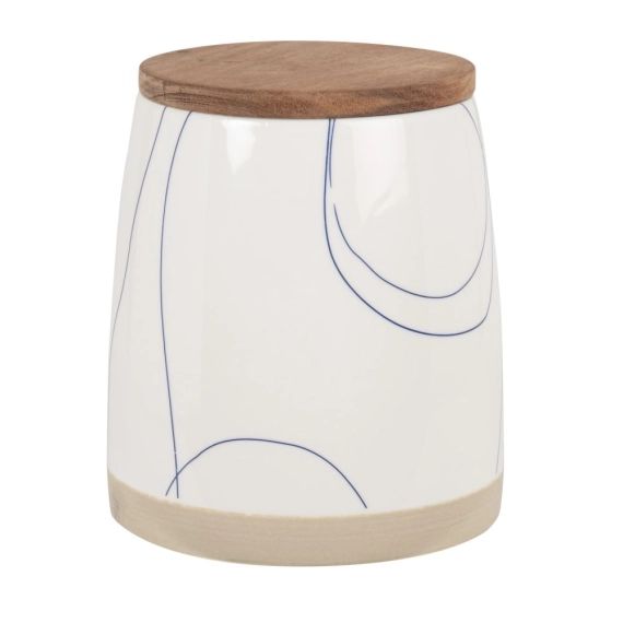 Pot en grès blanc et bleu marine couvercle en bois de manguier H14