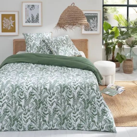 Parure de lit 2 personnes coton  imprimé vert 260x240cm