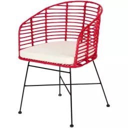 Chaise en rotin tressé rouge et métal