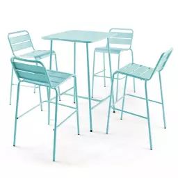 Ensemble table de bar et 4 chaises hautes en métal turquoise