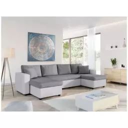 Canapé d’Angle Panoramique MARIA Convertible en simili et microfibre – Blanc et Gris – 295 x 146 x 85 cm – Usinestreet