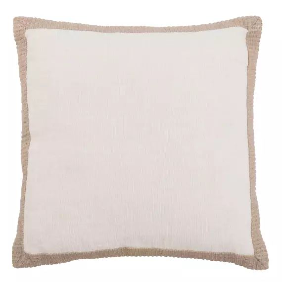 Housse de coussin en coton et lin mélangés blanc et beige avec galon 40×40
