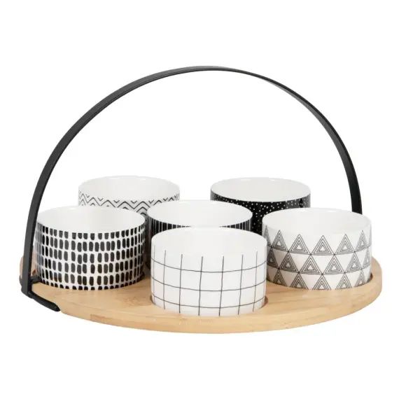 Coupelles apéritives en porcelaine noire et blanche (x6) et plateau en bambou