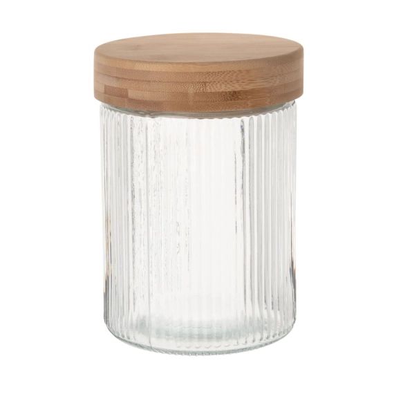Bocal en verre strié et couvercle en bambou H17