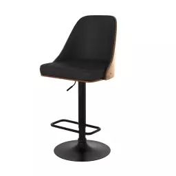 Chaise de bar réglable en bois foncé et PU noir 56/77 cm