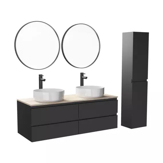 Meuble double vasque 120cm avec plan bois  Noir+vasque+rob+miroir+co