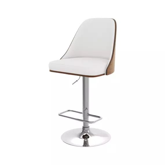 Chaise de bar réglable en bois foncé et PU blanc 56/77 cm