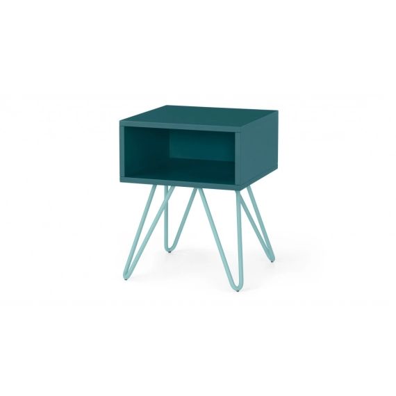 Made Essentials – Beru, table de chevet avec compartiment de rangement, bois bleu canard et pieds en métal bleu clair