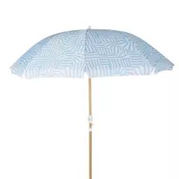 Parasol vintage 2x2m en aluminium imitation bois et toile bleue et blanche