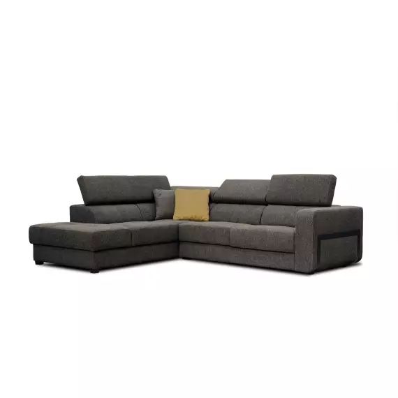 Canapé d’angle gauche 5 places en tissu marron avec coussins déco