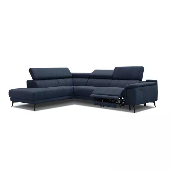 Canapé d’angle gauche 5 places relax électrique tissu bleu foncé