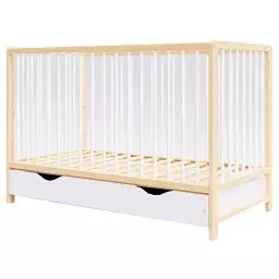 Lit bébé évolutif en bois blanc et pin avec tiroir – 120×60 cm