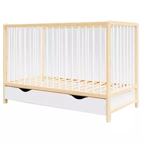 Lit bébé évolutif en bois blanc et pin avec tiroir – 120×60 cm