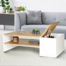Table basse avec rangement bar 110 cm bois imitation hêtre et blanc