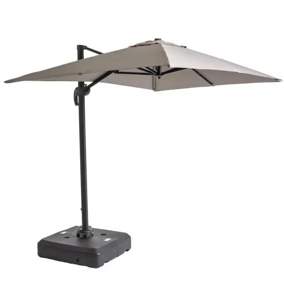 Parasol déporté 2×3 m et dalle à lester sur roues aluminium taupe