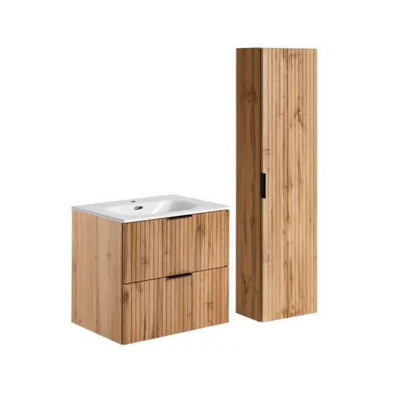 Ensemble meuble simple vasque encastrée 60cm et colonne naturel