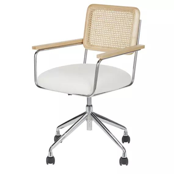 Chaise de bureau réglable à roulettes écrue et cannage en rotin