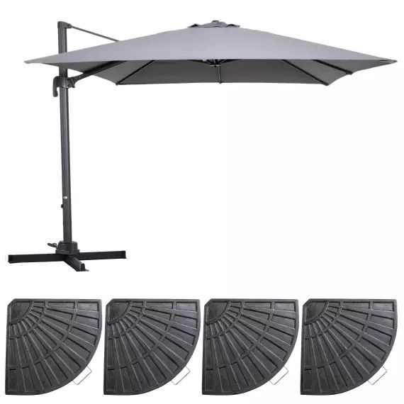 Parasol déporté 3x3m et 4 dalles lestées aluminium gris