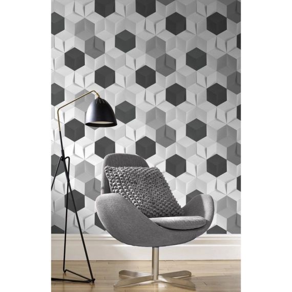 Papier peint vinyle Hexagone 3D noir, gris et blanc