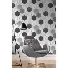 Papier peint vinyle Hexagone 3D noir, gris et blanc