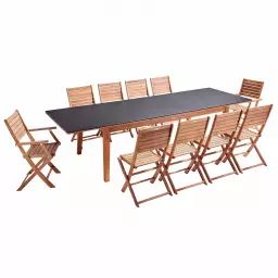 Table de jardin rectangulaire et 10 assises