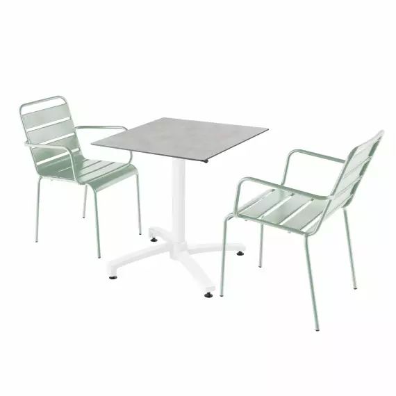 Ensemble table jardin stratifié béton et 2 fauteuils vert sauge