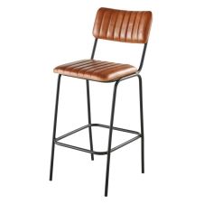 Chaise de bar matelassée en cuir de buffle marron et métal noir Wendell