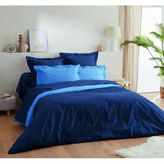 Housse de couette percale de coton 80 fils  marine pervenche 220×240