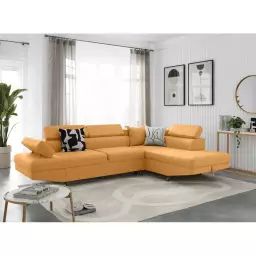 Canapé d’angle RIO Convertible avec coffre en tissu – Angle Droit, Jaune ocre – 271 x 192 x 85 cm – Usinestreet