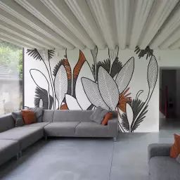 Papier peint panoramique végétal 225 x 250 cm gris
