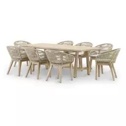 Table de jardin 230×100 et 8 chaises en corde beige