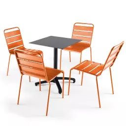 Ensemble table de jardin stratifié ardoise gris et 4 chaises orange