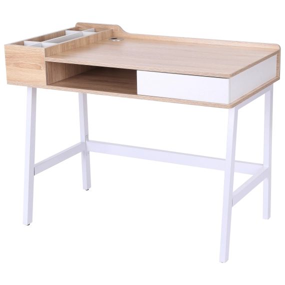 Bureau informatique multi-rangements métal blanc MDF chêne clair