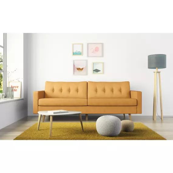 Canapé droit GRETA 3 places style scandinave en tissu – Jaune – 215 x 88 x 75 cm – Usinestreet