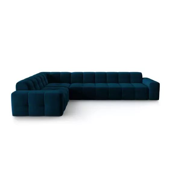 Canapé d’angle gauche 6 places en tissu velours bleu marine