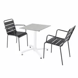 Ensemble table de jardin stratifié béton et 2 fauteuils gris