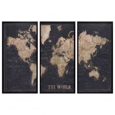 Cadre triptyque carte du monde noir 180×120 EXPLORE