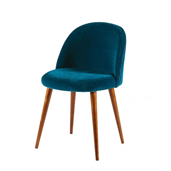 Chaise vintage en velours bleu canard et bouleau massif Mauricette